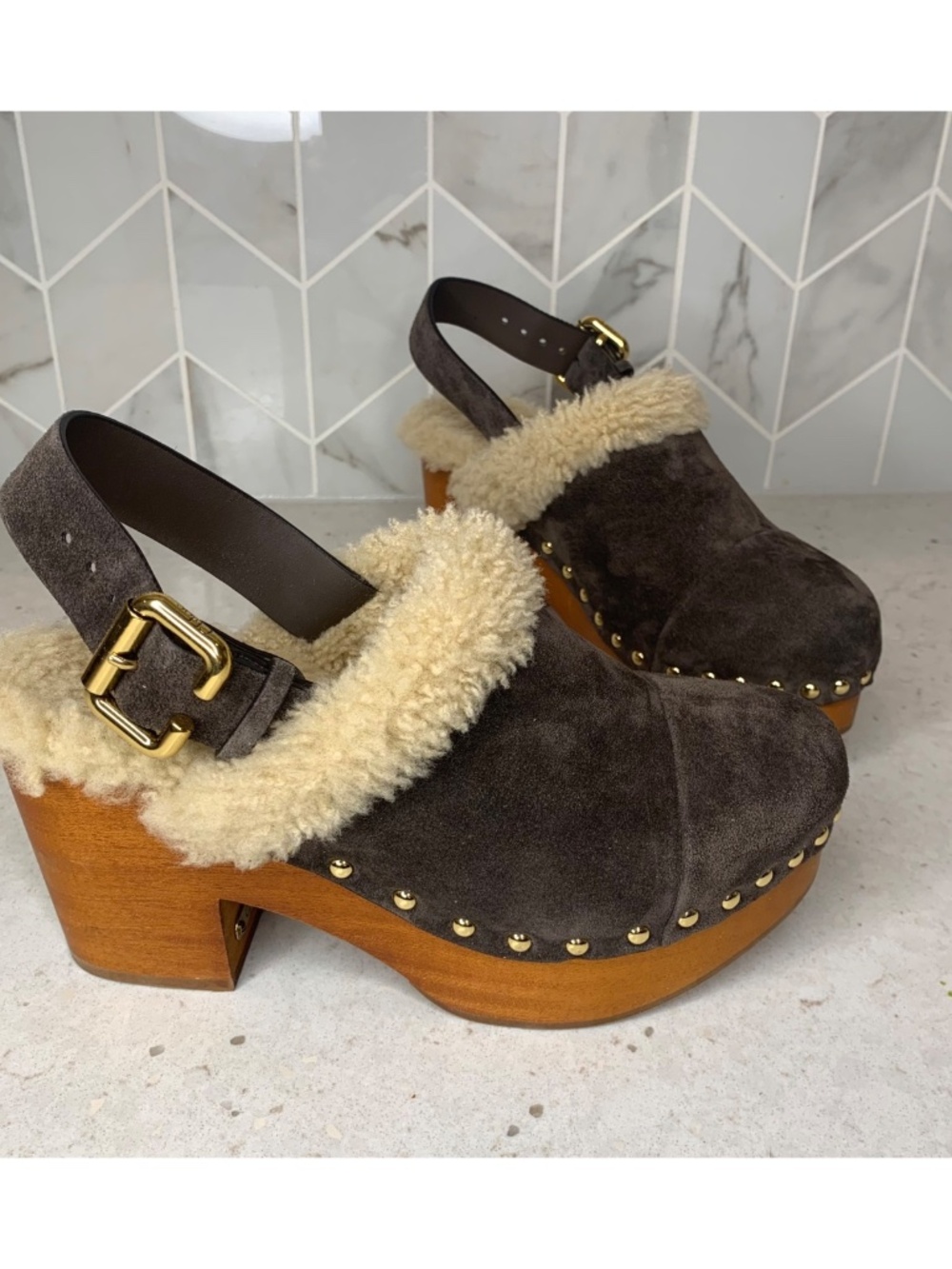 Chloé Jeannette Shearling Studded Wooden Clogs Slingback EU 36 US 6